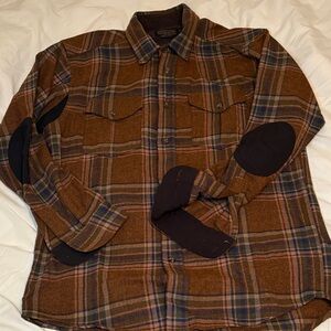 Pendleton Brown Plaid Virgin Wool Shirt Reinforced Elbows Size M